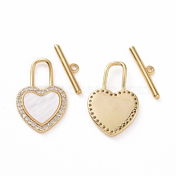 Brass Micro Pave Clear Cubic Zirconia with Shell Toggle Clasps, Heart Lock, Real 18K Gold Plated, Bar: 18x4x1.5mm, Hole: 1.2mm, Heart: 22.5x14.5x2.5mm(KK-E068-VC170)