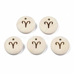 Laser Out Wood Pendants, Flat Round with 12 Constellations, Undyed, Aries, 15x4mm, Hole: 1.6mm(WOOD-S053-51J)