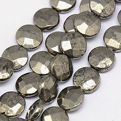 Natural Pyrite Beads Strands, Flat Round, Faceted, 12x5mm, Hole: 1mm, about 34pcs/strand, 15.74 inch(G-L033-12x5mm-02)