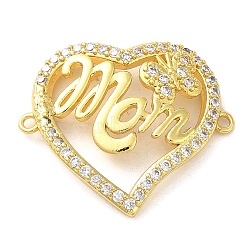 Brass Micro Pave Clear Cubic Zirconia Mama Connector Charms, Mother's Day Word Links, Real 16K Gold Plated, Heart, 23.5x27x5mm, Hole: 1.4mm(FIND-Z041-12D)