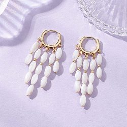 Brass Chandelier Earrings, with Dyed Natural Shell Oval Bead Tassel, Real 18K Gold Plated, 49x19mm(EJEW-TA00805)