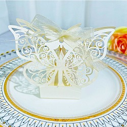 European Style Hollow Butterfly Wedding Dress Paper Candy Gift Packaging Boxes, Foldable Storage Boxes for Wedding, Lemon Chiffon, 4.4x11x8.3cm(PW-WG3C104-01)