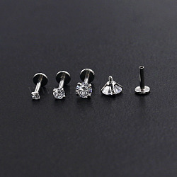 Stainless Steel Threadless Labrets, with Clear Cubic Zirconia, Stainless Steel Color, Round, 2x2mm, Pole: 6mm(WG64015-01)