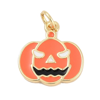 Brass Enamel Pendants, with Jump Ring, Pumpkin Charms, Long-Lasting Plated, Lead Free & Cadmium Free, Rack Plating, Real 18K Gold Plated, Orange, 15.5x14.5x2mm, Hole: 3mm