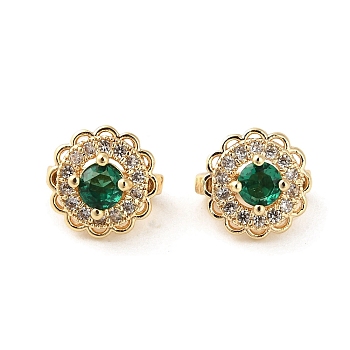Brass Micro Pave Cubic Zirconia Pendants, Cadmium Free & Nickel Free & Lead Free, with Glass, Flower, Real 18K Gold Plated, 9x9.5mm, Hole: 3.5mm