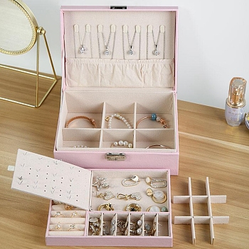 Imitation Leather Jewelry Storage Boxes, for Earrings, Rings, Necklaces, Rectangle, Pink, 17x23x9cm