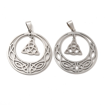 201 Stainless Steel Pendants, Flat Round with Trinity Knot Charm, Stainless Steel Color, 32.2x30x1mm, Hole: 6.5x3mm