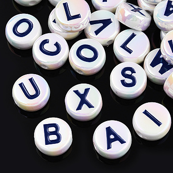 UV Plating Enamel Acrylic Beads, Iridescent, Mixed Letter, Flat Round, Prussian Blue, 15x7mm, Hole: 2.2mm