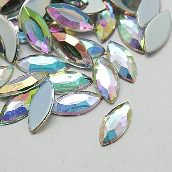 Imitation Taiwan Acrylic Rhinestone Cabochons, Flat Back & Faceted, Horse Eye, AB Color, Clear AB, 15x7x1.8mm, about 2000pcs/bag