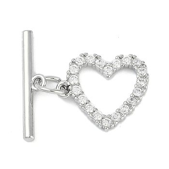 Brass Micro Pave Clear Cubic Zirconia Toggle Clasps, Heart, Platinum, Heart: 12x14x2mm, Hole: 1.2mm, Bar: 17.5x4x1.5mm, Hole: 1.5mm