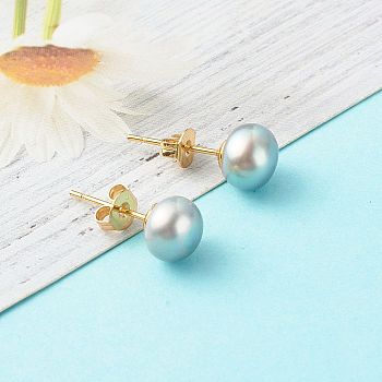 Natural Pearl Rondelle Stud Earrings, 304 Stainless Steel Earring Post, Golden, Light Blue, 7~7.5mm, Pin: 0.7mm