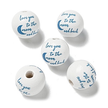 Printed Wood European Beads, Round with Word Pattern, Steel Blue, 15.5~16mm, Hole: 4~4.5mm