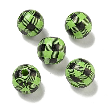 Printed Wood European Beads, Round with Tartan Pattern, Lime Green, 15.5~16mm, Hole: 4~4.5mm