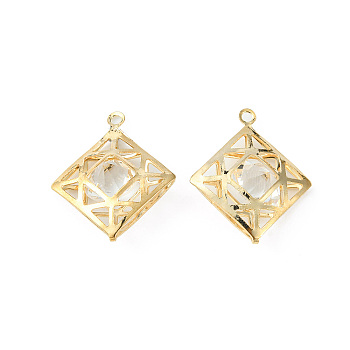 Crystal Glass Rhinestone Pendants, with Iron Finding, Hollow Rhombus Charms, Golden, 24.5x21x8mm, Hole: 1.6mm