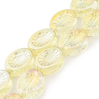 Electroplate Glass Bead Strands, Full Rainbow Plated, Oval with Flower, Light Yellow, 14x10.4x4.8mm, Hole: 1.2mm, about 45pcs/strand, 25.04 inch(63.6cm)
