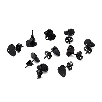 304 Stainless Steel Stud Earring Findings, with Ear Nuts, Textured Heart, Electrophoresis Black, 12x9mm, Hole: 1.4mm, Pin: 0.7mm