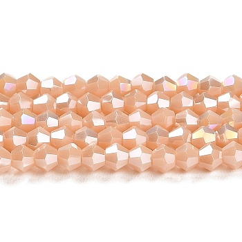 Opaque Solid Color Electroplate Glass Beads Strands, AB Color Plated, Faceted, Bicone, Misty Rose, 4x4mm, Hole: 0.8mm, about 87~98pcs/strand, 12.76~14.61 inch(32.4~37.1cm)