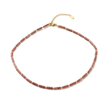 Natural Sesame Jasper/Kiwi Jasper Column Beaded Necklace with Synthetic Hematite, Gemstone Jewelry for Women, Golden, 15.94 inch(40.5cm)