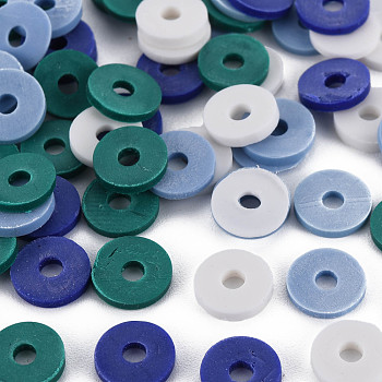 4 Colors Handmade Polymer Clay Beads, Heishi Beads, Disc/Flat Round, Teal & White & Light Steel Blue & Midnight Blue, 8x0.5~1.5mm, Hole: 2mm, about 11500pcs/1000g