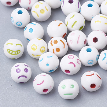 Craft Style Acrylic Beads, Round with Expression, Mixed Color, 8x7.5mm, Hole: 1.8mm, about 1800pcs/500g