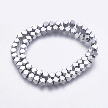 Electroplate Non-magnetic Synthetic Hematite Bead Strands, Faceted, Square, Platinum Plated, 6x6x6mm, Hole: 1mm, about 70pcs/strand, 15.8 inch