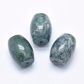 Natural Moss Agate Beads, Half Drilled(Holes on Both Sides), Barrel, 24.5~25x18mm, Hole: 2.5~3mm