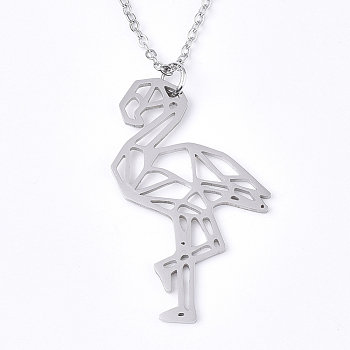 201 Stainless Steel Pendant Necklaces, with Cable Chains, Flamingo Shape, Stainless Steel Color, 17.5 inch~17.9 inch(44.5~45.5cm), 1.5mm, Flamingo: 32x22x1mm
