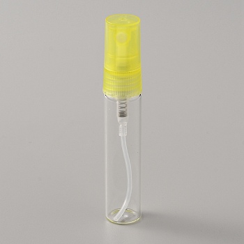 Transparent Glass Spray Bottles, Fine Mist Atomizer, with Plastic Dust Cap, Refillable Bottle, Column, Yellow, 1.4x7.9cm, Capacity: 5ml(0.17fl. oz)