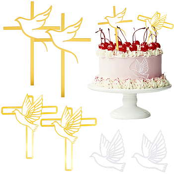 Acrylic Mirror Cake Toppers, Cake Insert Cards, for Cake Decoration, Cross with Bird, Mixed Color, 75~150x88~105x1mm