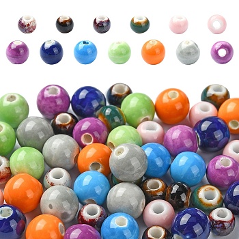 50Pcs 10 Colors Handmade Porcelain Beads, Bright Glazed Porcelain, Round, Mixed Color, 6~8x5.5~8mm, Hole: 1.5~2.5mm, 5pcs/color