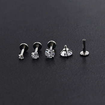 Titanium Steel Threadless Labrets, with Clear Cubic Zirconia, Stainless Steel Color, Round, 2x2mm, Pole: 6mm