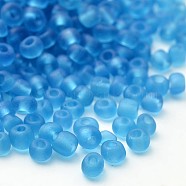 12/0 Frosted Round Glass Seed Beads, Sky Blue, Size: about 2mm in diameter, hole:1mm, about 3304pcs/50g(X-SEED-A008-2mm-M3)