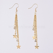 Tassel Dangle Earrings, with 304 Stainless Steel Star Charms & Cable Chains, Brass Rhinestone Charms & Real 18K Gold Plated Earring Hooks, 84mm, Pin: 0.7mm(X-EJEW-JE04024)