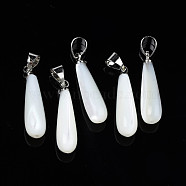 Natural Trochid Shell/Trochus Pendants, with Platinum Plated Brass Snap on Bails, Teardrop, White, 23x6mm, Hole: 3.5x5mm(SSHEL-N027-129-01)
