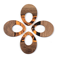 Resin & Walnut Wood Pendants, Teardrop, Orange, 37.5x28x3mm, Hole: 2mm(RESI-S389-014A-A01)