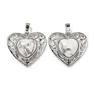 Natural Howlite Peach Love Heart Pendants, Rack Plating Brass Hollow Heart Charms, Cadmium Free & Lead Free, 29.5x30.5x7.5mm, Hole: 7.5x5mm(G-G158-01A)