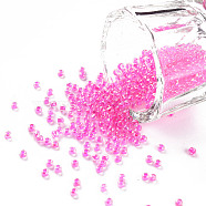 11/0 Grade A Round Glass Seed Beads, Transparent Inside Colours, AB Color Plated, Hot Pink, 2.3x1.5mm, Hole: 1mm, about 48500pcs/pound(SEED-N001-E-304)