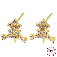 Tree 925 Sterling Silver Micro Pave Clear Cubic Zirconia Stud Earring Findings, for Half Drilled Beads, with S925 Stamp, Real 18K Gold Plated, 10x9mm, Pin: 10x0.7mm and 0.7mm(STER-Q192-07G)
