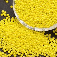 8/0 Glass Seed Beads, Grade A, Round, Opaque Colours, Yellow, 2.8~3.2mm, Hole: 1.0mm, about 15000pcs/pound(SEED-J014-F8-42)