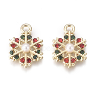 Golden Plated Alloy Charms, with Rhinestone and Acrylic Imitation Pearl, Snowflake, for Christmas, Colorful, 15x11x3.5mm, Hole: 1.7mm(X-PALLOY-L228-013G)