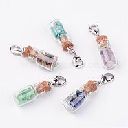 Glass Bottle Pendants, with Natural & Synthetic Mixed Stone Chip Beads and Brass Lobster Claw Clasps, Platinum, 38mm(HJEW-JM00219)