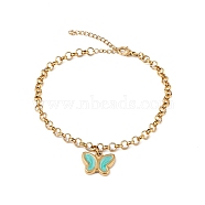 Enamel Butterfly Charm Bracelet with Rolo Chains, Ion Plating(IP) 304 Stainless Steel for Women, Golden, 8-7/8 inch(22.5cm)(BJEW-G669-16G)