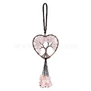 Wire Wrapped Chips Natural Rose Quartz Big Pendant Decorations, with Red Copper Plated Brass Wires and Nylon Cord, Heart with Tree of Life, 160mm, 1pc(HJEW-SZ0001-25C)