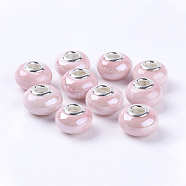 Handmade Porcelain Ceramic Spacer Beads Fit European Charm Bracelets, with Silver Color Brass Double Cores, Rondelle, Pink, 15x11mm, Hole: 5mm(X-OPDL-G001-8)