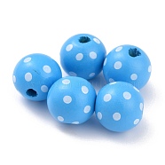 Dyed Natural Wooden Beads, Macrame Beads Large Hole, Round with Polka Dot, Deep Sky Blue, 16x15mm, Hole: 4mm(WOOD-O005-01F)