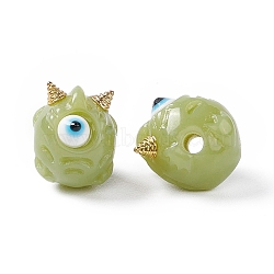 Halloween Opaque Resin Beads, with Golden Tone Alloy Horns, Single-Eye Monster, Yellow Green, 13x10.5x12mm, Hole: 1.8mm(RESI-F033-01I)