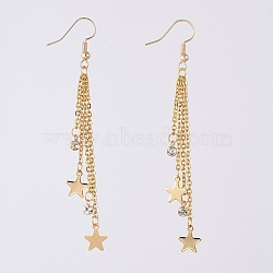 Tassel Dangle Earrings, with 304 Stainless Steel Star Charms & Cable Chains, Brass Rhinestone Charms & Real 18K Gold Plated Earring Hooks, 84mm, Pin: 0.7mm(X-EJEW-JE04024)