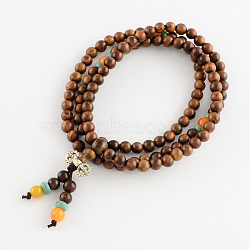 Dual-use Items, Wrap Style Buddhist Jewelry Bulinga Keva Wood Round Bead Bracelets or Necklaces, Saddle Brown, 600mm, 108pcs/bracelet(BJEW-R281-17)