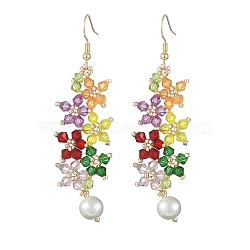 Acrylic Beaded Flower with Imitation Pearl Dangle Earrings, Golden 304 Stainless Steel Wire Wrap Jewelry for Women, Colorful, 72mm, Pin: 0.7mm(EJEW-MZ00061)
