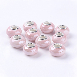 Handmade Porcelain Ceramic Spacer Beads Fit European Charm Bracelets, with Silver Color Brass Double Cores, Rondelle, Pink, 15x11mm, Hole: 5mm(X-OPDL-G001-8)